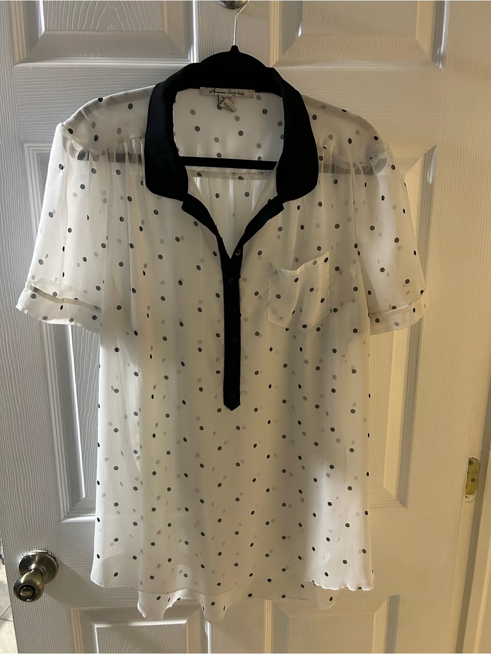 American Rag blouse sheer, white black polka dot pattern black collar Size 2X